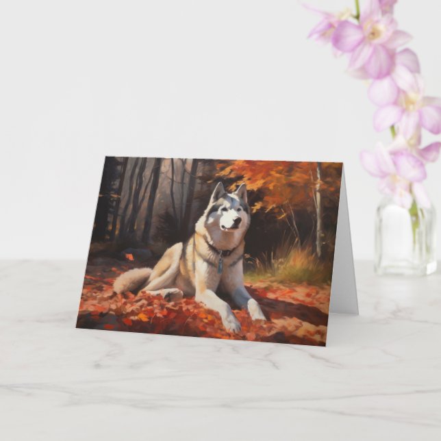Siberian Husky in Autumn Leaves Fall Inspire  Card (Orchid)