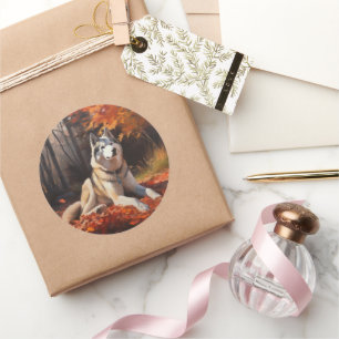 Siberian Husky in Autumn Leaves Fall Inspire  Classic Round Sticker
