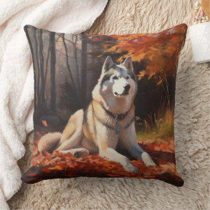 Siberian Husky in Autumn Leaves Fall Inspire Cushion