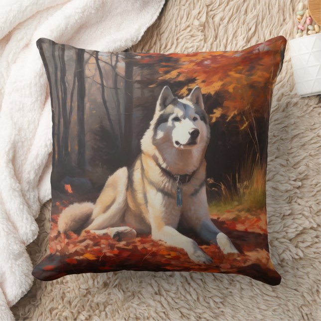 Siberian Husky in Autumn Leaves Fall Inspire  Cushion (Blanket)
