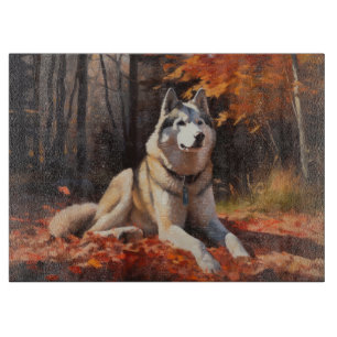 Siberian Husky in Autumn Leaves Fall Inspire  Cutting Board