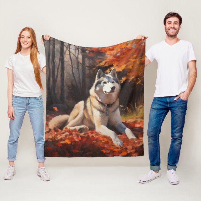 Siberian Husky in Autumn Leaves Fall Inspire  Fleece Blanket (In Situ)