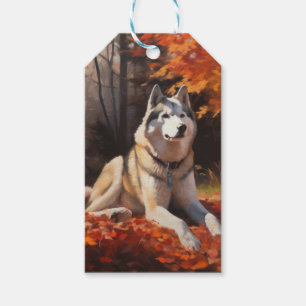 Siberian Husky in Autumn Leaves Fall Inspire  Gift Tags