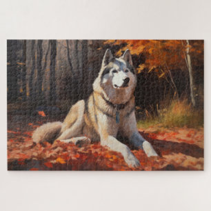 Siberian Husky in Autumn Leaves Fall Inspire  Jigsaw Puzzle
