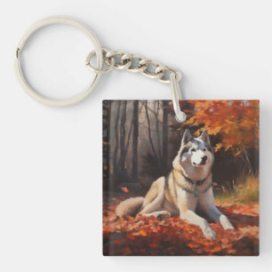 Siberian Husky in Autumn Leaves Fall Inspire  Key Ring