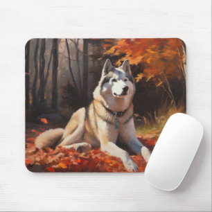 Siberian Husky in Autumn Leaves Fall Inspire  Mouse Mat