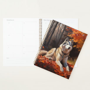Siberian Husky in Autumn Leaves Fall Inspire Planner