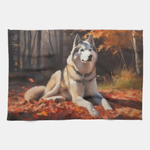 Siberian Husky in Autumn Leaves Fall Inspire Tea Towel
