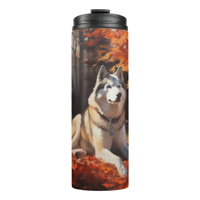 Siberian Husky in Autumn Leaves Fall Inspire  Thermal Tumbler (Front)