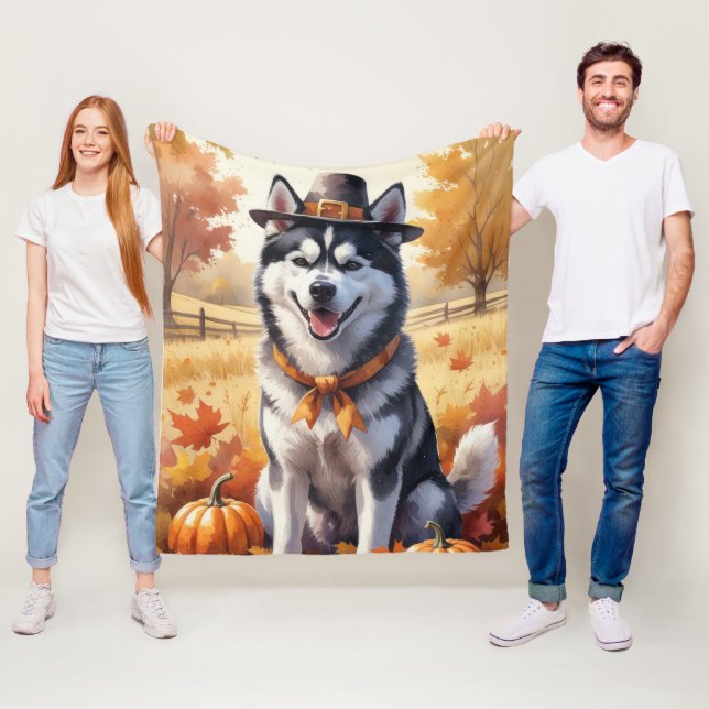 Siberian Husky In Autumn Leaves Thanksgiving Art  Fleece Blanket (In Situ)