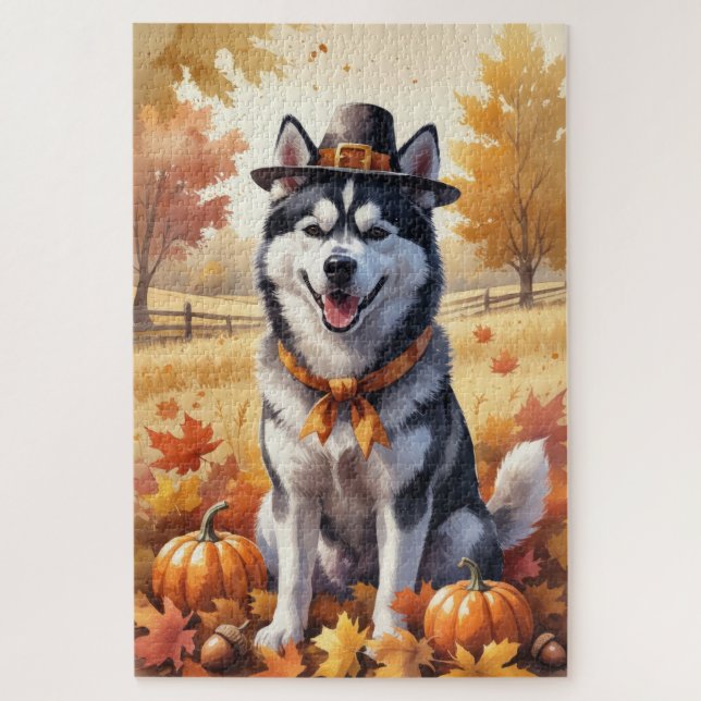 Siberian Husky In Autumn Leaves Thanksgiving Art  Jigsaw Puzzle (Vertical)