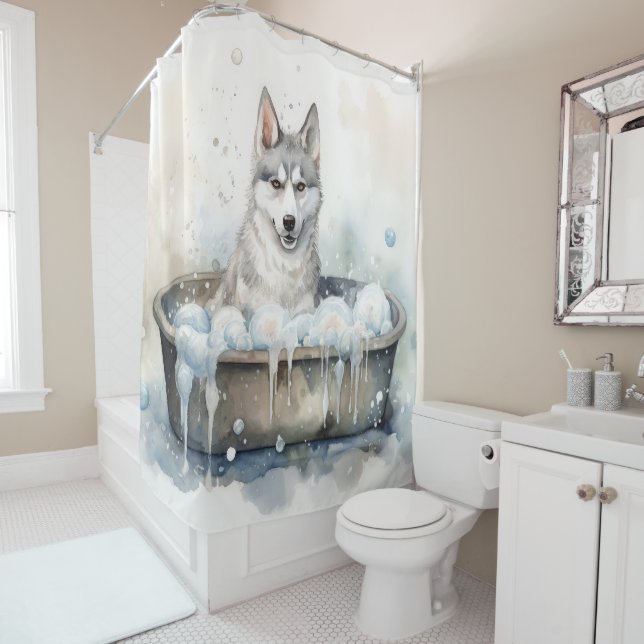 Siberian Husky In Bathtub Watercolor Dog Art  Shower Curtain (In Situ)