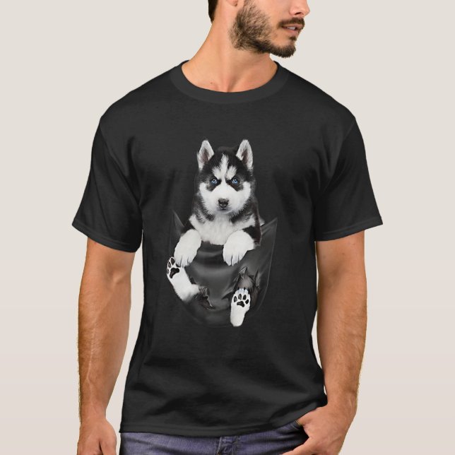 Siberian Husky In Pocket Puppy T-Shirt (Front)