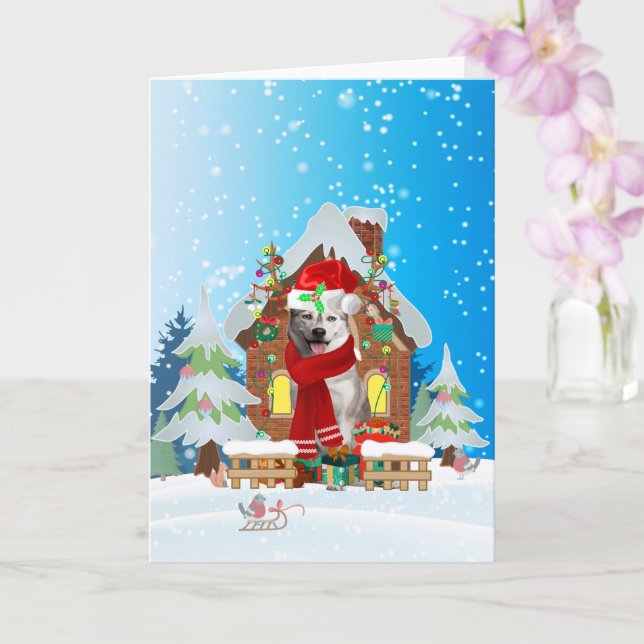  siberian husky in snow with Christmas gifts  Card (Orchid)