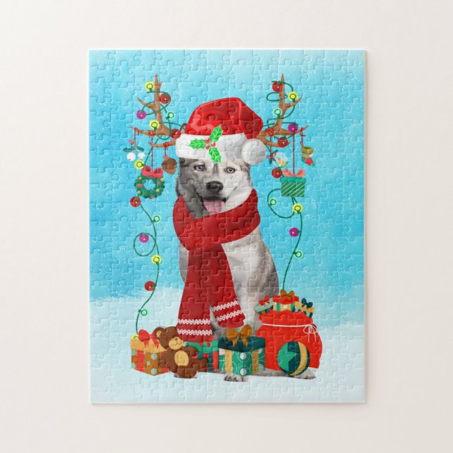 siberian husky in snow with Christmas gifts Jigsaw Puzzle (Vertical)