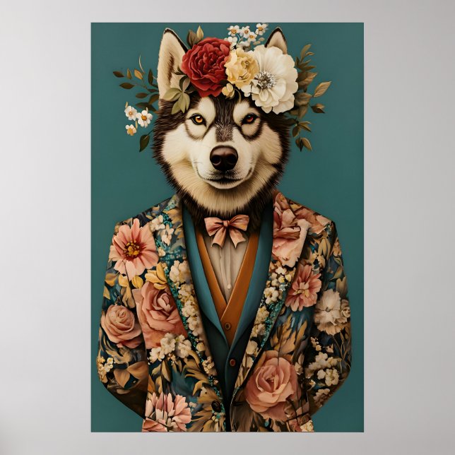 Siberian Husky In Suit Poster, Husky Portrait Poster (Front)