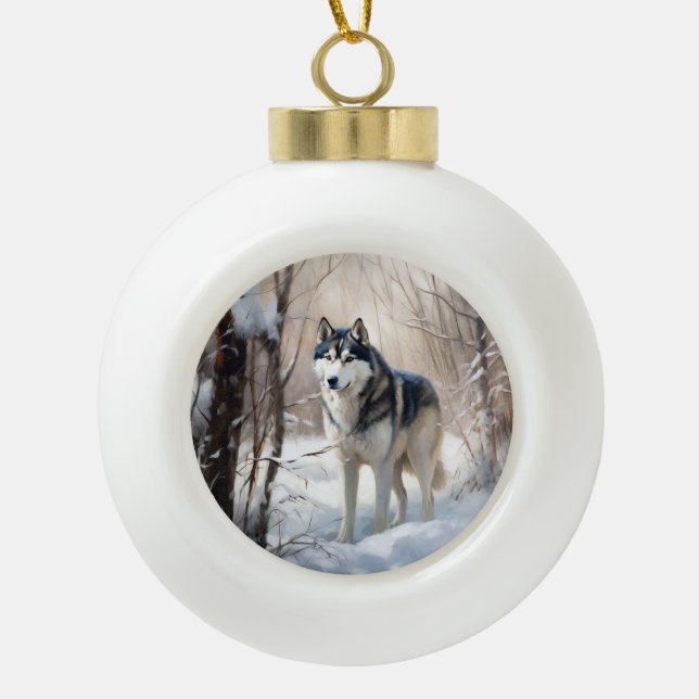 Siberian Husky Let It Snow Christmas Ceramic Ball Christmas Ornament (Front)
