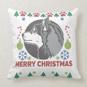 Siberian Husky Merry Christmas Ugly Sweater Design Cushion