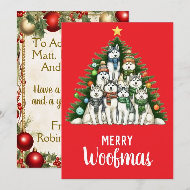Siberian Husky Merry Woofmas Christmas Tree Holiday Card (Front/Back)