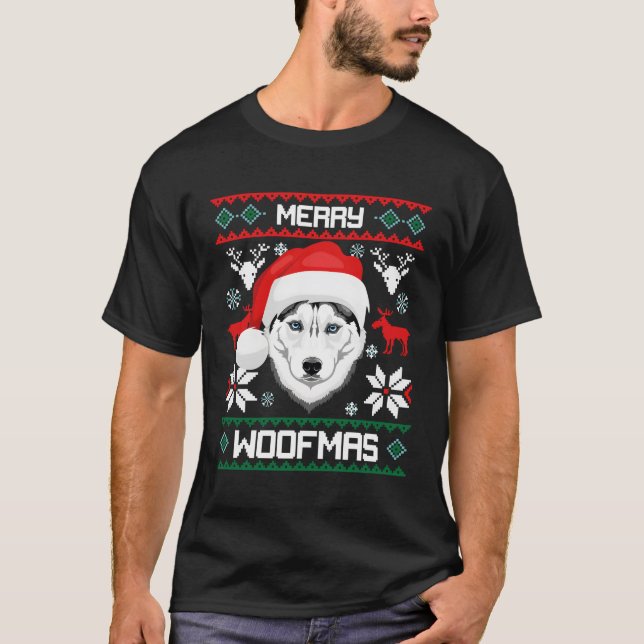 Siberian Husky Merry Woofmas For T-Shirt (Front)