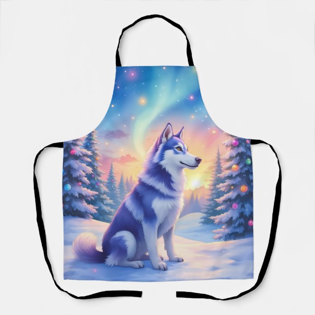 Siberian Husky Northern Lights Christmas Winter Apron (Front)