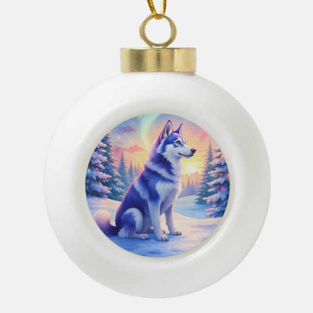 Siberian Husky Northern Lights Christmas Winter Ceramic Ball Christmas Ornament (Front)