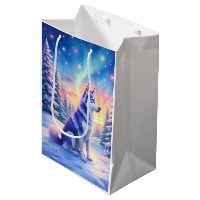 Siberian Husky Northern Lights Christmas Winter Medium Gift Bag (Front Angled)