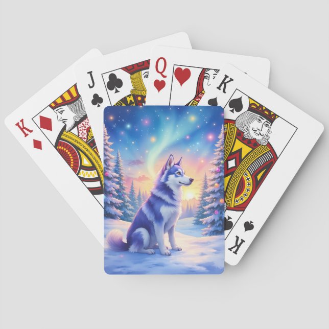 Siberian Husky Northern Lights Christmas Winter Playing Cards (Back)