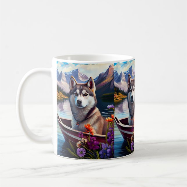 Siberian Husky on a Paddle: A Scenic Adventure Coffee Mug (Left)