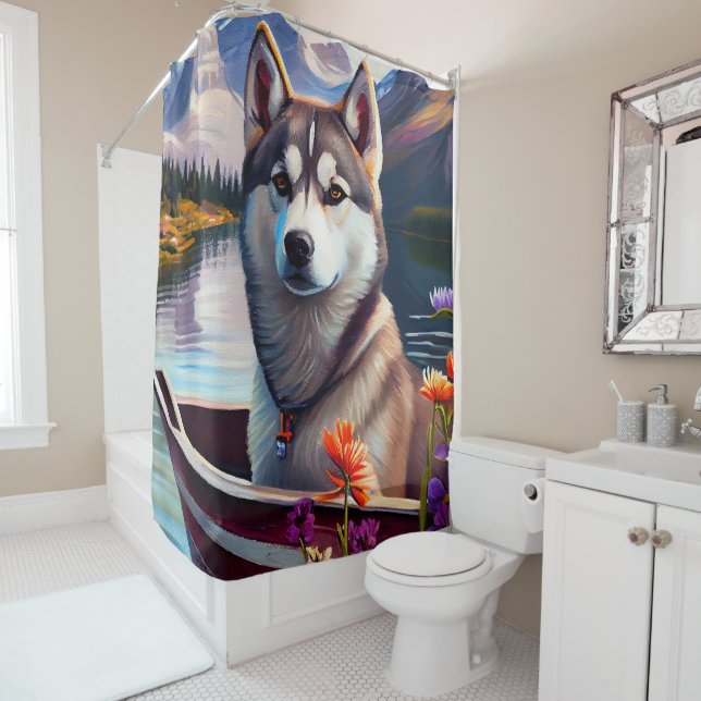 Siberian Husky on a Paddle: A Scenic Adventure Shower Curtain (In Situ)