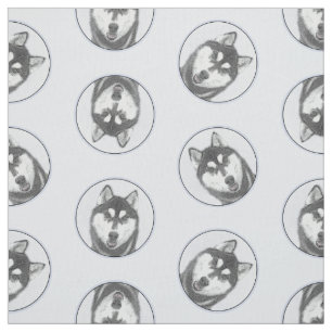 Siberian Husky Painting Black and White Dog Art Fabric