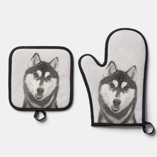 Siberian Husky Painting Black and White Dog Art Oven Mitt & Pot Holder Set (Front)