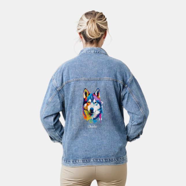 Siberian Husky Personalised Watercolor Art Denim Jacket (Model)