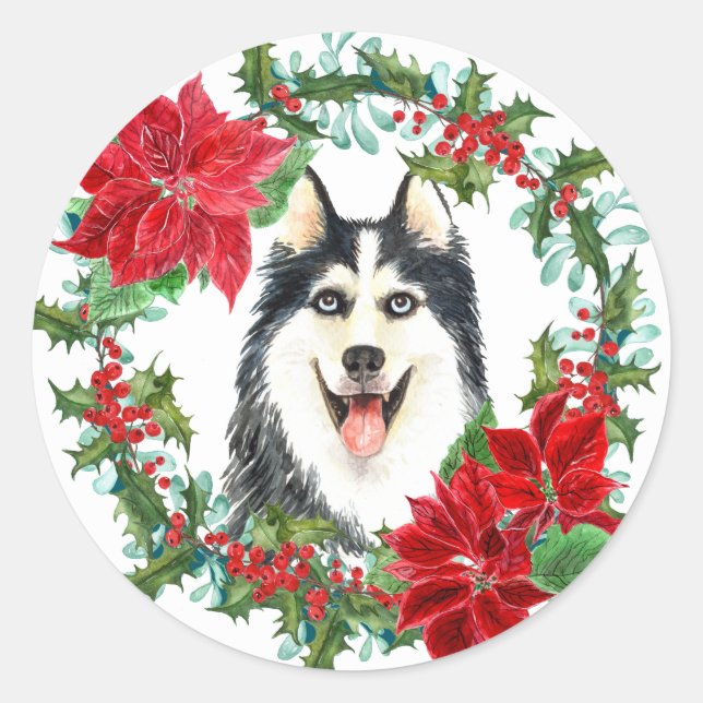 Siberian Husky Poinsettia Holly Christmas Wreath Classic Round Sticker (Front)