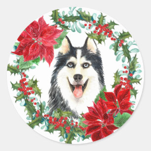 Siberian Husky Poinsettia Holly Christmas Wreath Classic Round Sticker