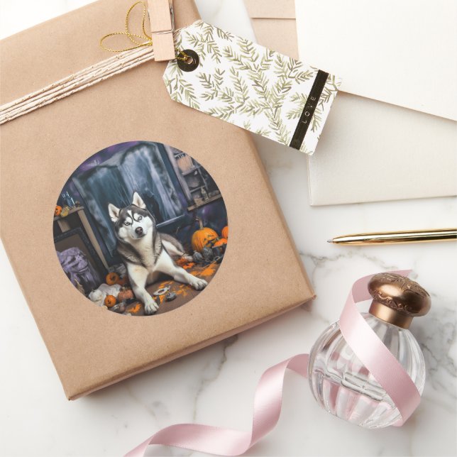 Siberian Husky Pumpkins Halloween Scary Classic Round Sticker (Gifting)