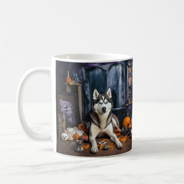 Siberian Husky Pumpkins Halloween Scary Coffee Mug (Left)