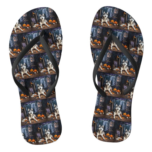Siberian Husky Pumpkins Halloween Scary Flip Flops (Footbed)