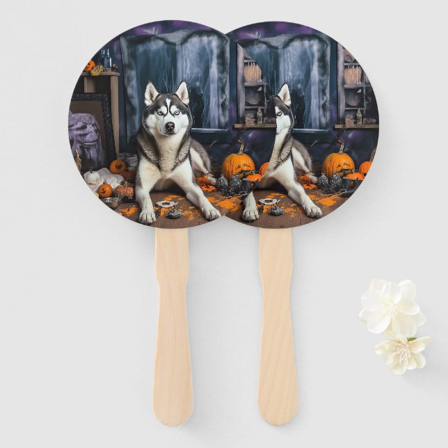Siberian Husky Pumpkins Halloween Scary Hand Fan (Front and Back)