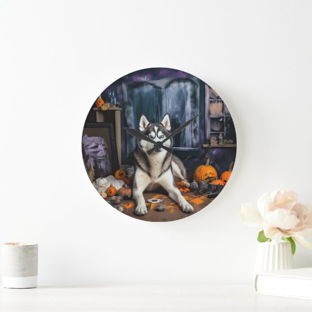 Siberian Husky Pumpkins Halloween Scary Large Clock (Home)