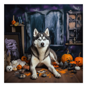 Siberian Husky Pumpkins Halloween Scary Poster