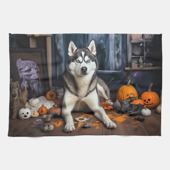 Siberian Husky Pumpkins Halloween Scary Tea Towel (Horizontal)