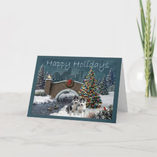 Siberian Husky Puppies Christmas Evening Card