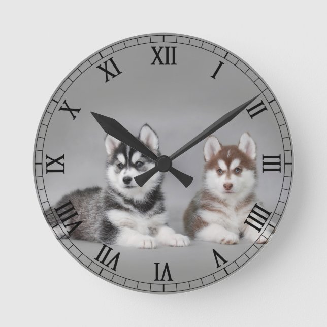 Siberian husky puppies round clock (Front)