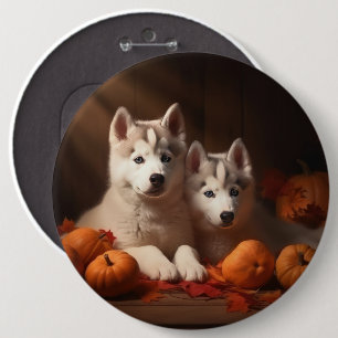 Siberian Husky Puppy Autumn Delight Pumpkin 6 Cm Round Badge