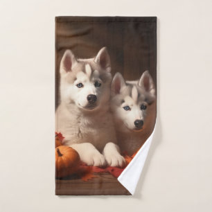 Siberian Husky Puppy Autumn Delight Pumpkin Bath Towel Set