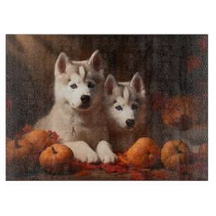 Siberian Husky Puppy Autumn Delight Pumpkin Cutting Board
