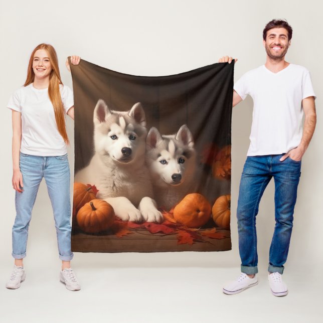 Siberian Husky Puppy Autumn Delight Pumpkin  Fleece Blanket (In Situ)