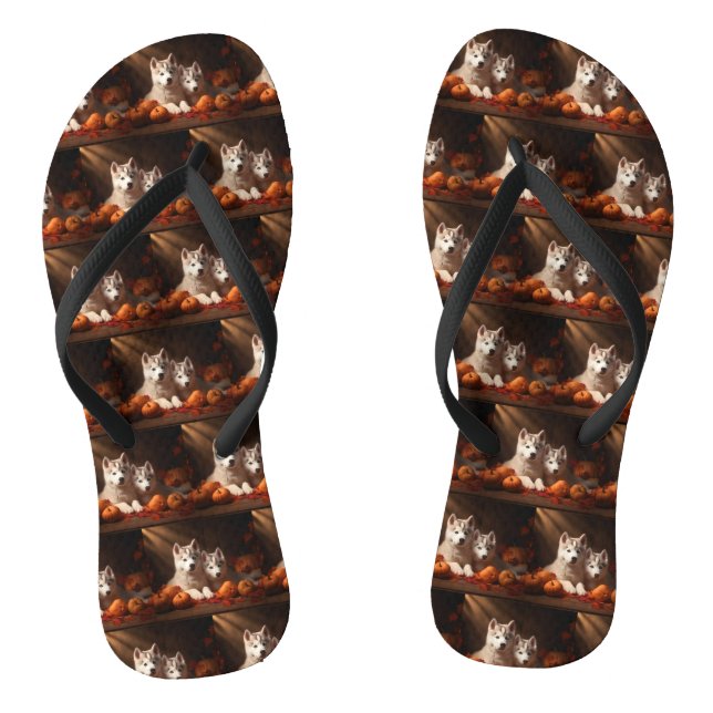 Siberian Husky Puppy Autumn Delight Pumpkin  Flip Flops (Footbed)
