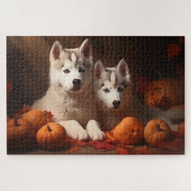 Siberian Husky Puppy Autumn Delight Pumpkin  Jigsaw Puzzle (Horizontal)